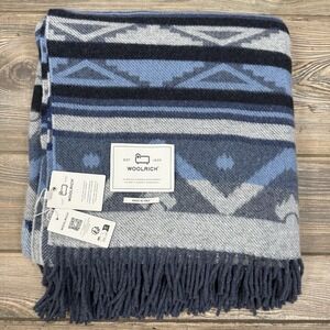 Woolrich Melton Blue Gray Navy Aztec Fringe‎ Wool Throw Blanket 60" X 54" NWT